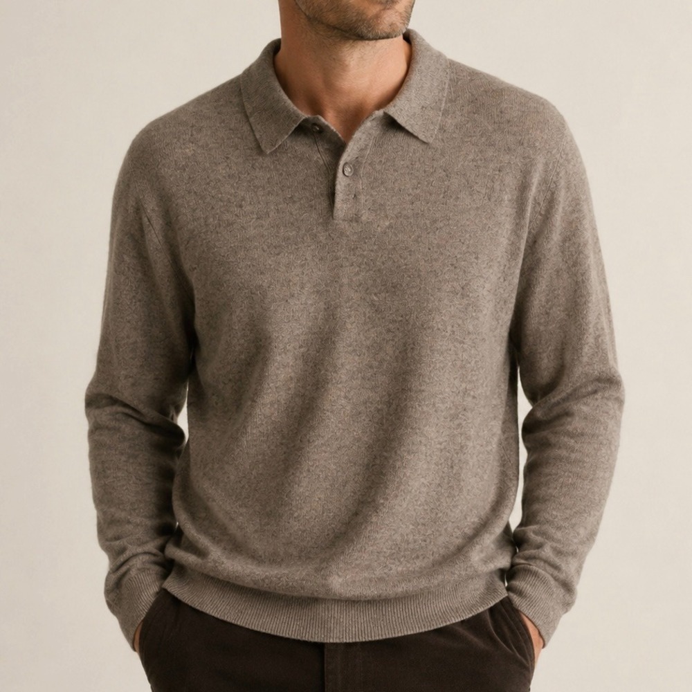 Claiborne Mens XL Cashmere Angora Rabbit Hair Silk Knit Polo Sweater Taupe Beige